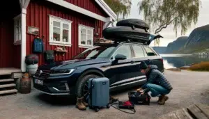 Couple prepares car for a long trip checking tires and organized gear