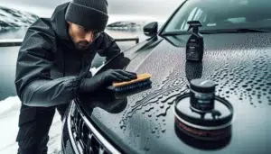 Detailer applying ceramic coating to glossy car with water beading in norway