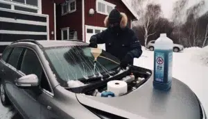 Driver pours blue washer fluid into car reservoir on snowy norwegian driveway