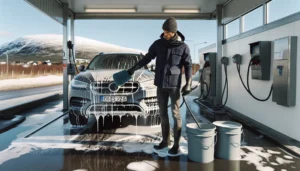 Man carefully washes suv with foam and microfiber to protect paint in norway