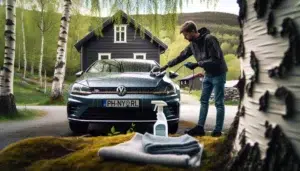 Man gently dabs bird droppings off a cool car hood in shade