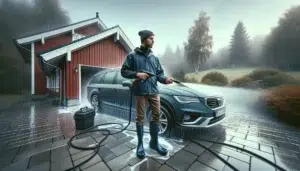 Man rinses car with fan spray at safe distance on norwegian driveway