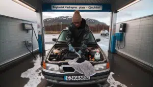 Man safely cleaning a car s engine with low pressure at norwegian wash bay