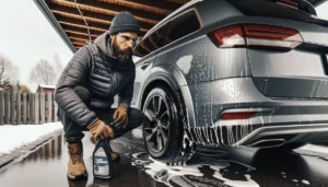 Man safely removing tar spots from a car s lower door panel in norway