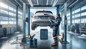 Mechanic servicing an electric car in snowy norway highlighting maintenance differences