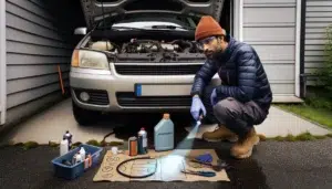 Norwegian car owner using uv light to check small leaks under a car