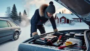 Norwegian driver charging and cleaning a car battery on a snowy morning