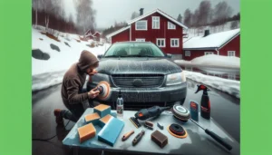 Norwegian driver polishing taped off headlight for clearer visibility in winter