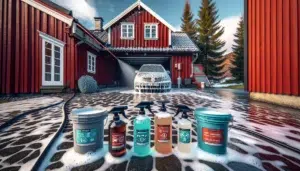 Norwegian driveway car wash with three car shampoos and foam covered wagon