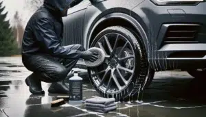 Person cleaning a shiny alloy wheel on a driveway in norway