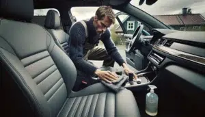 Person gently cleaning a car s leather seat with brush and microfiber