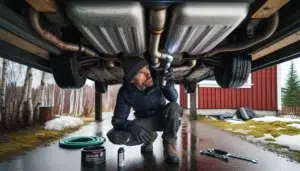 Person inspecting car exhaust under rear bumper in norwegian driveway
