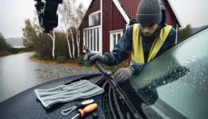 Person replacing a windshield wiper on a rainy norwegian driveway
