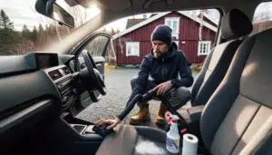 Person vacuuming car interior with open doors and mats drying outside
