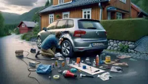 Man in norway using suction tool to fix a small dent in his car