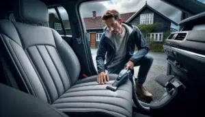 Man using wet vacuum to deep clean light grey fabric car seats in norway