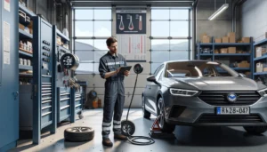 Mechanic checking tire pressure while driver reviews fuel cost savings on tablet