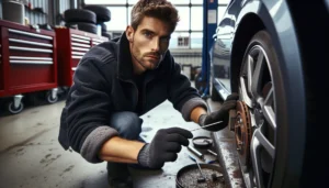 Mechanic inspecting thin front brake pads through alloy wheel in norwegian workshop