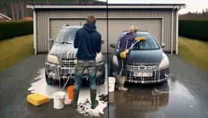 Norwegian couple washing a car contrasting bad gravel wash with proper two bucket method