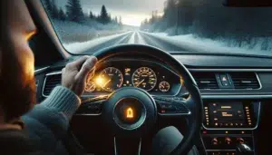 Norwegian driver inside car looking at illuminated yellow motor warning light