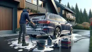 Norwegian man washing car at home with proper buckets foam and microfiber
