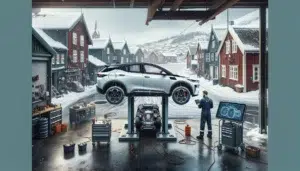 Norwegian workshop showing electric car diagnostics beside fossil car mechanical service