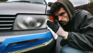 Person polerer gulnet billykt pa norsk gardsplass for bedre sikt i m rket